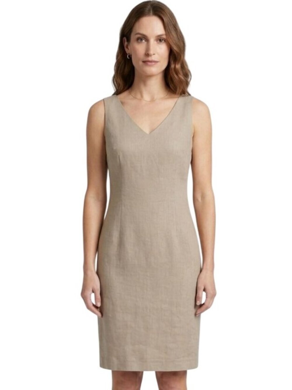 Bloomingdale's Tan Linen Blend V Neck Sleeveless Sheath Dress Size 8